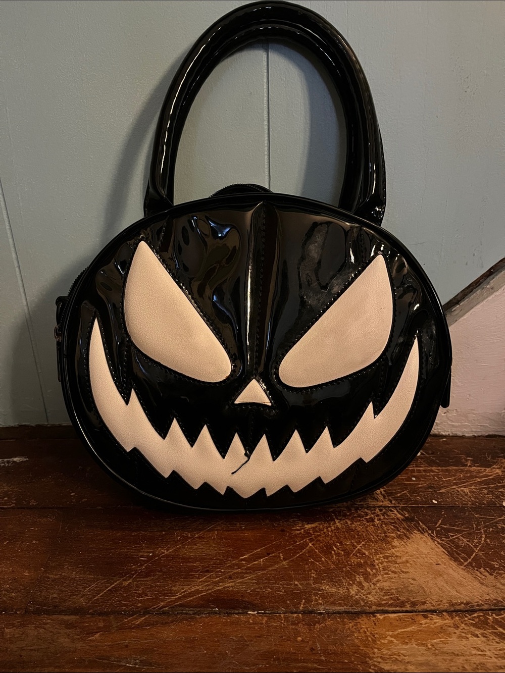 Killstar Black Patent Pumpkin Face Handbag with Cream Accents